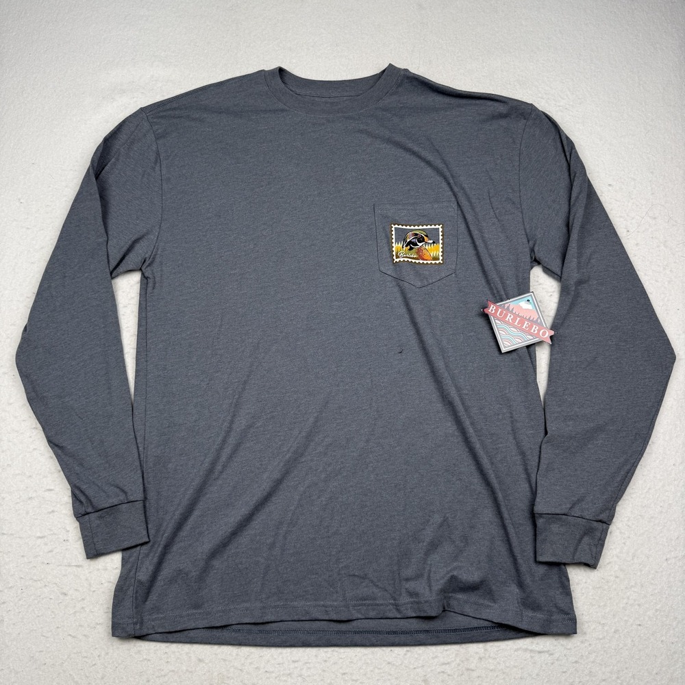 Burlebo Shirt Mens Large Blue Long Sleeve Duck Stamp Graphic Pocket Tee Outdoor